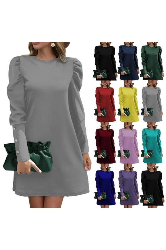 Women‘s Puff Sleeve Dress, Round Neck Button Down Front Midi, Cottagecore Aesthetic Dress for Everyday, Photos & Autumn Days Black 2XL