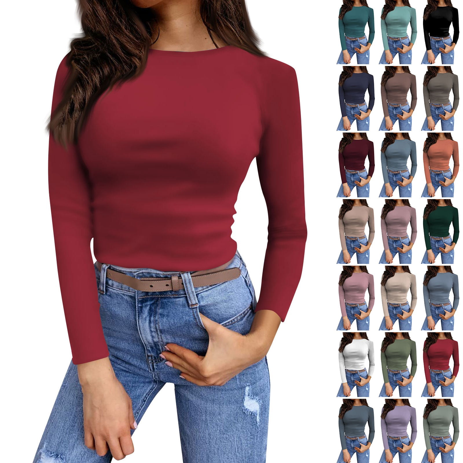 dgysar Women's Slim Fit Long Sleeve T-Shirt, Casual Solid Color Round ...