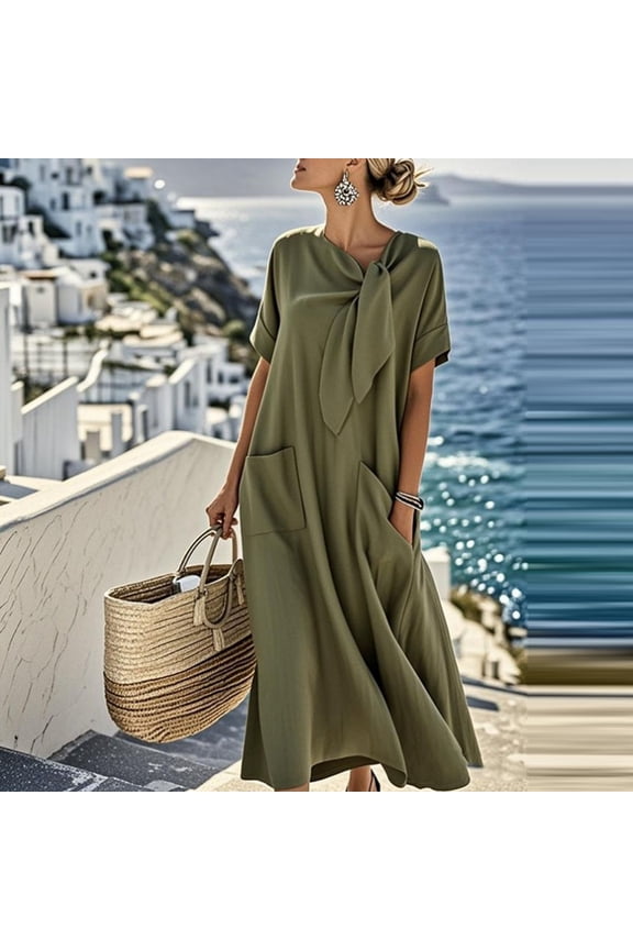 Women‘s Solid Color Midi Dress, Short Sleeve Relaxed Shift Style, Versatile Basic Dress for Work, Casual Day & Minimalist Wardrobe Army Green M