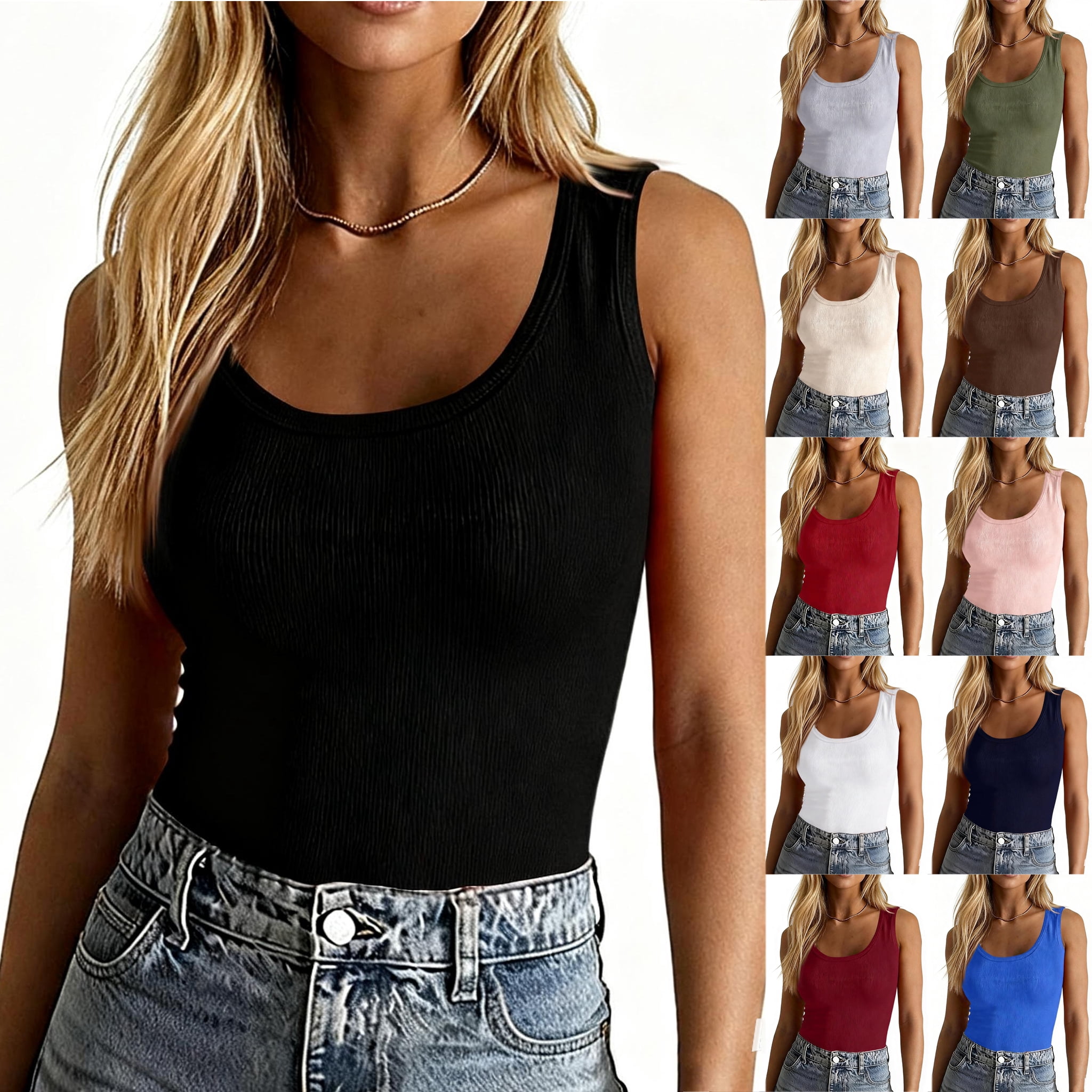 dgysar Women's Square Neck Ribbed Sleeveless Stretch Top, Slim Fit T ...