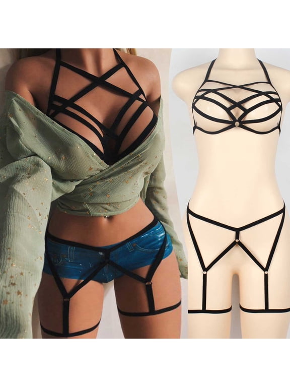Women's Strappy Harness Bra and Garter Panty Set, Gothic Cage Body Strap Accessories Set