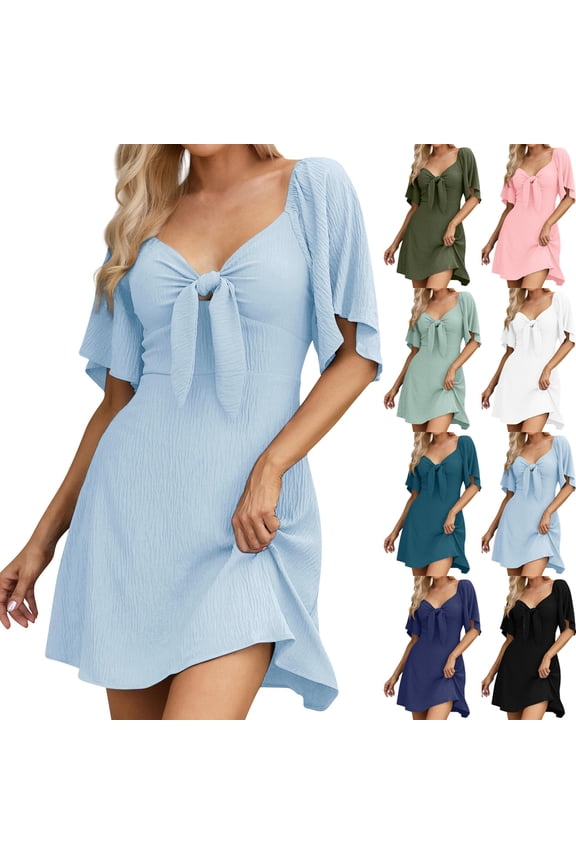 Women‘s V-Neck Mini Dress, Short Sleeve with Tie Belt or Bow Detail, Cute & Flirty Dress for Date Night, Summer Parties & Brunch Army Green M