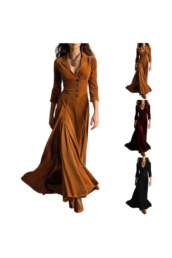 Women‘s Winter Office Dress, Long Sleeve V-Neck Midi with Notch Collar, Professional Gown for Formal Work Settings & Conferences Brown L