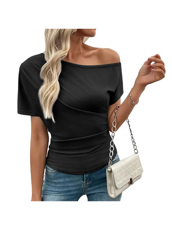 Womens Asymmetric Neck T-Shirts Solid Color Slant Cut Short Sleeve Pullover Tops Geometric Design Lightweight Stretch Jersey Fabric Summer Apparel Structured Silhouette Black L