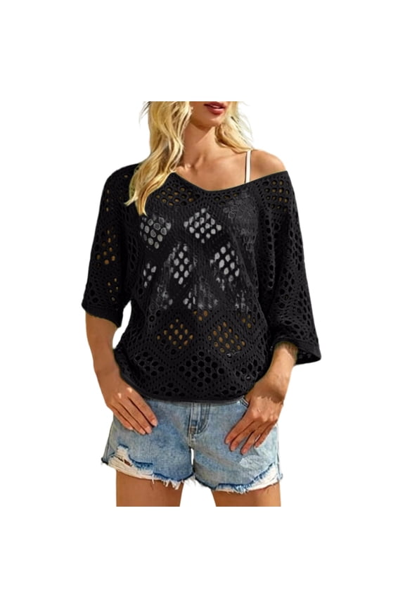 Womens Crochet Tops Bohemian Style Hollow Out Knit Short Sleeve Pullover Shirts Lightweight Breathable Open Weave Texture Summer Seasonal Wardrobe Solid Construction Black M