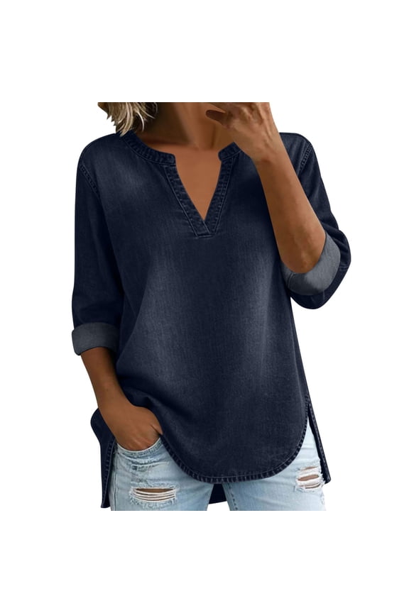 Womens Denim Shirts Flowy V Neck 3/4 Sleeve Side Slit Tunic Tops Mid-Length Lightweight Jean Fabric Relaxed Fit Breathable Minimalist Layering Garment Navy L