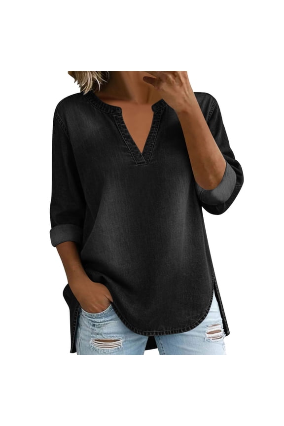 Womens Denim Shirts Flowy V Neck 3/4 Sleeve Side Slit Tunic Tops Mid-Length Lightweight Jean Fabric Relaxed Fit Breathable Minimalist Layering Garment Black M