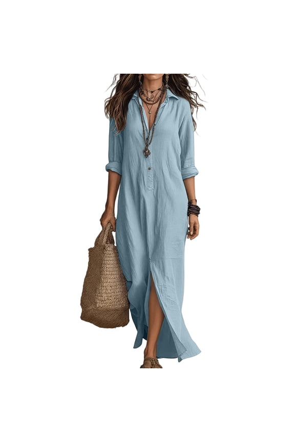 Womens Front Split Maxi Dress, Collared Button Down Long Dress, Solid Color Casual Summer Spring Dresses with Side Slit, Sky Blue, L