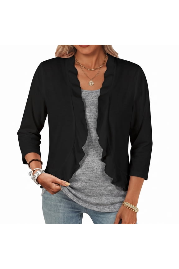 Womens Knit Cardigan Lettuce Edge Irregular Hem 3/4 Sleeve Open Front Spring Summer Lightweight Breathable Layering Sun Protection Thin Sweater Black 2XL