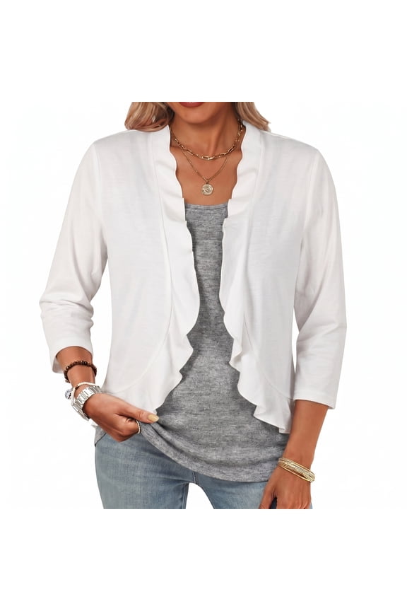 Womens Knit Cardigan Lettuce Edge Irregular Hem 3/4 Sleeve Open Front Spring Summer Lightweight Breathable Layering Sun Protection Thin Sweater White L