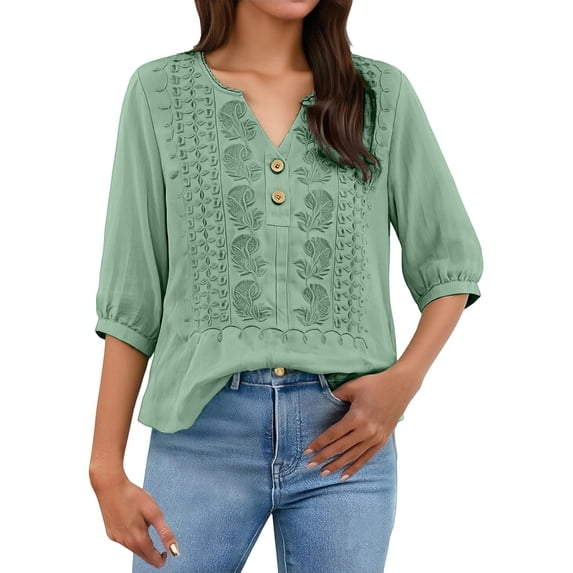 dgysar Womens Linen Button Blouse, 3/4 Sleeve V-Neck Casual Solid Color Lightweight Breathable Shirt Tops, Textured Natural Fabric Relaxed Fit Summer Apparel Mint Green 3XL