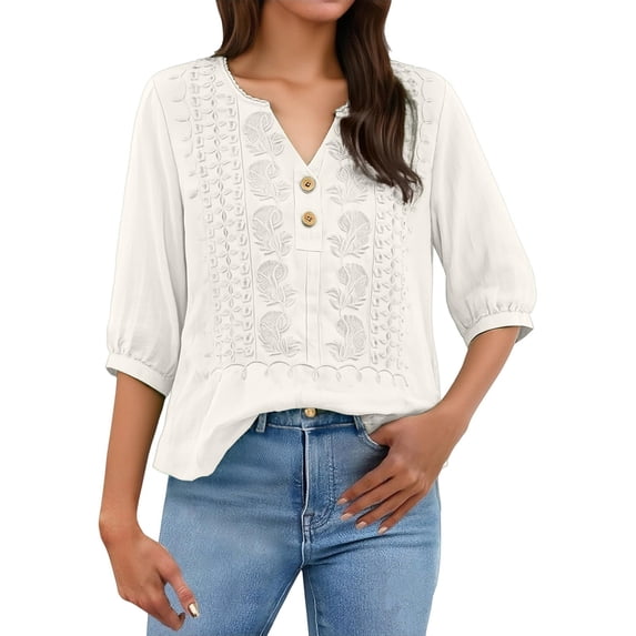 dgysar Womens Linen Button Blouse, 3/4 Sleeve V-Neck Casual Solid Color Lightweight Breathable Shirt Tops, Textured Natural Fabric Relaxed Fit Summer Apparel White S