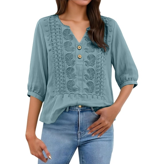dgysar Womens Linen Button Blouse, 3/4 Sleeve V-Neck Casual Solid Color Lightweight Breathable Shirt Tops, Textured Natural Fabric Relaxed Fit Summer Apparel Blue S