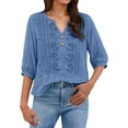 thumbnail image 1 of dgysar Womens Linen Button Blouse, 3/4 Sleeve V-Neck Casual Solid Color Lightweight Breathable Shirt Tops, Textured Natural Fabric Relaxed Fit Summer Apparel Royal Blue L, 1 of 6