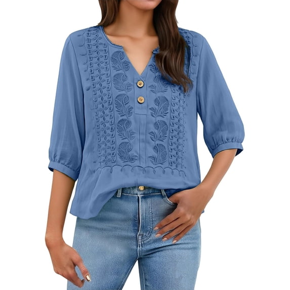 dgysar Womens Linen Button Blouse, 3/4 Sleeve V-Neck Casual Solid Color Lightweight Breathable Shirt Tops, Textured Natural Fabric Relaxed Fit Summer Apparel Royal Blue L