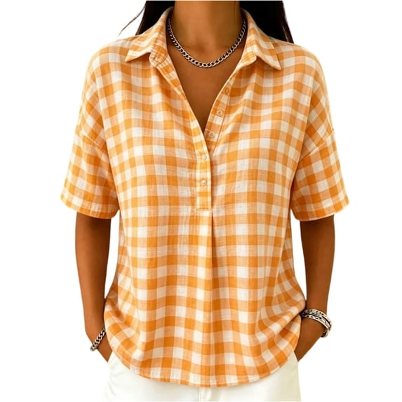 dgysar Womens Plaid Button Shirts, Relaxed Fit Half Sleeve Lapel Collar Blouse Tops Crafted from Breathable Polyester Fabric with Standard Button Down Neckline Orange 3XL
