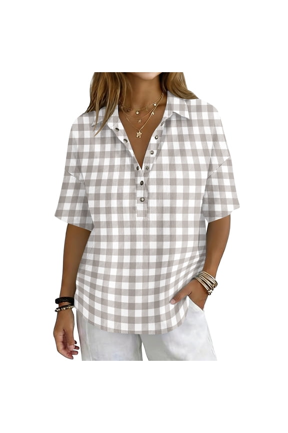 Womens Plaid Linen Shirts, Buttoned Lapel Collar Faux Cotton Material Loose Fit Short Half-length Sleeve Tee Lightweight Breathable Summer Textured Blouse Light Gray M