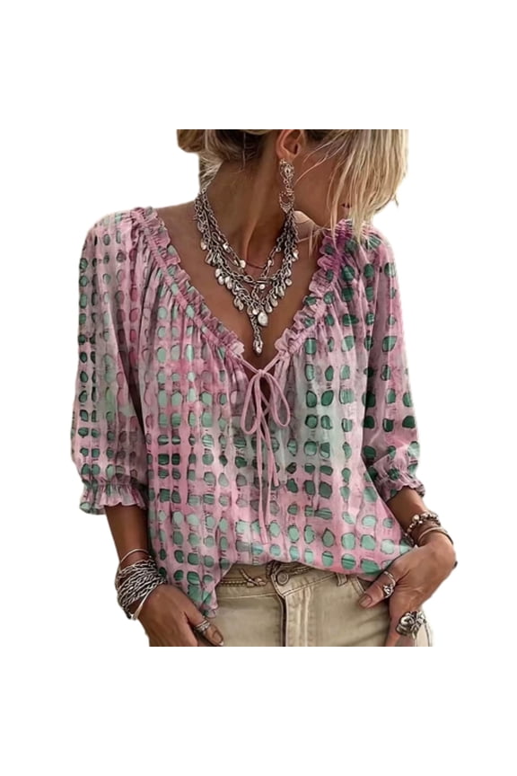 Womens Polka Dot Blouse, V-Neck Self-Tie Ruffle Trimmed Ribbon Knot Three Quarter Sleeve Pullover Lightweight Breathable Polyester Fabric Spring Autumn Apparel, Pink, M