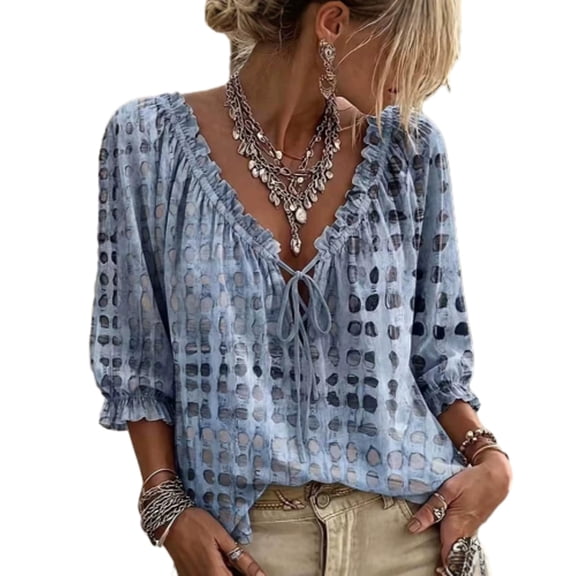 dgysar Womens Polka Dot Blouse, V-Neck Self-Tie Ruffle Trimmed Ribbon Knot Three Quarter Sleeve Pullover Lightweight Breathable Polyester Fabric Spring Autumn Apparel, Sky Blue, M