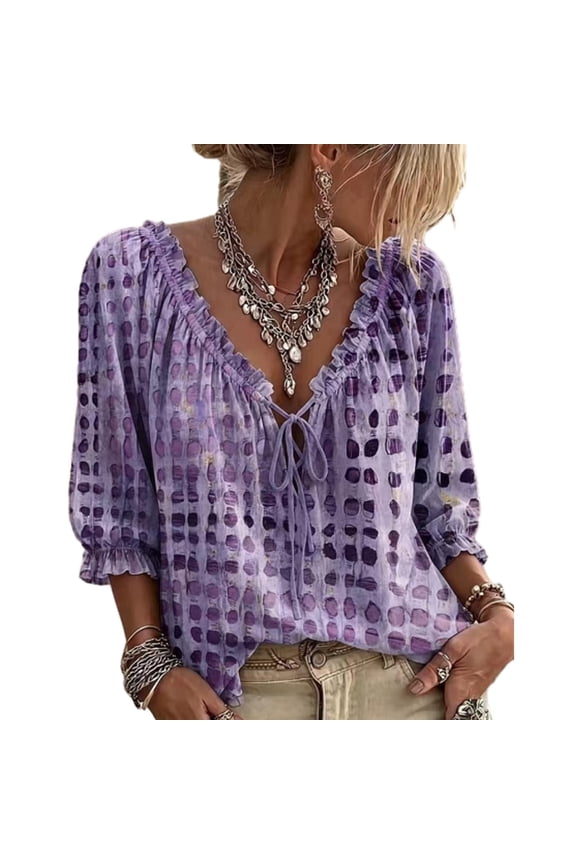 Womens Polka Dot Blouse, V-Neck Self-Tie Ruffle Trimmed Ribbon Knot Three Quarter Sleeve Pullover Lightweight Breathable Polyester Fabric Spring Autumn Apparel, Purple, M