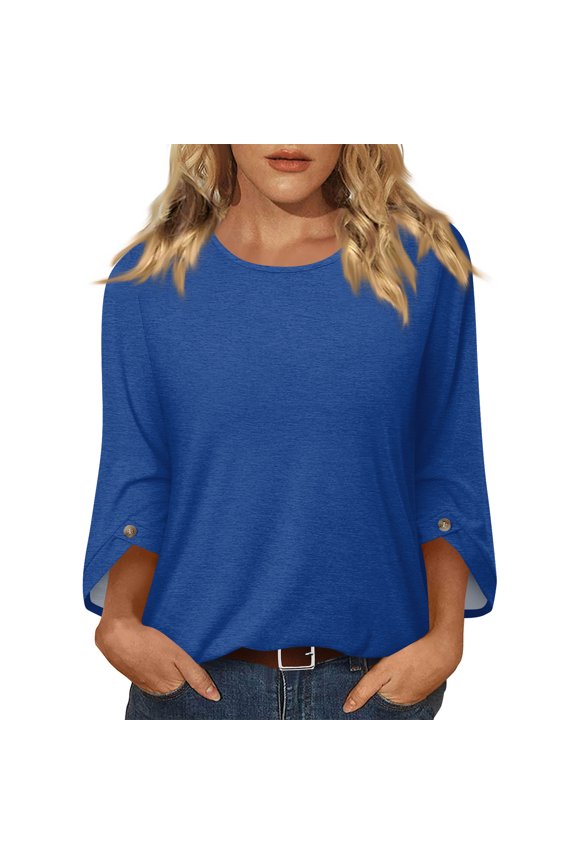 Womens Pullover Tops 3/4 Sleeve Crew Neck T-Shirts Spring Autumn Season Solid Color Breathable Fabric Regular Fit Soft Knit Construction Basic Tee Shirts Item Dark Blue S