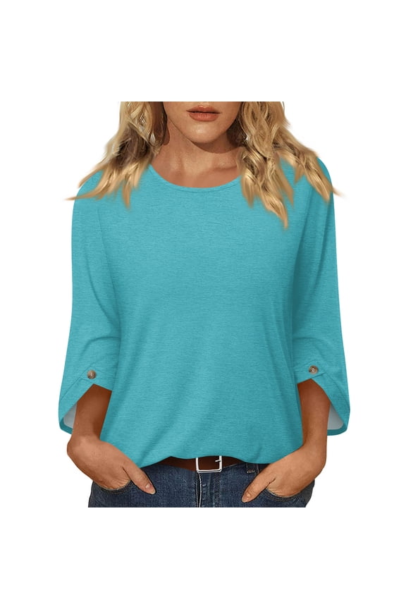 Womens Pullover Tops 3/4 Sleeve Crew Neck T-Shirts Spring Autumn Season Solid Color Breathable Fabric Regular Fit Soft Knit Construction Basic Tee Shirts Item Cyan M