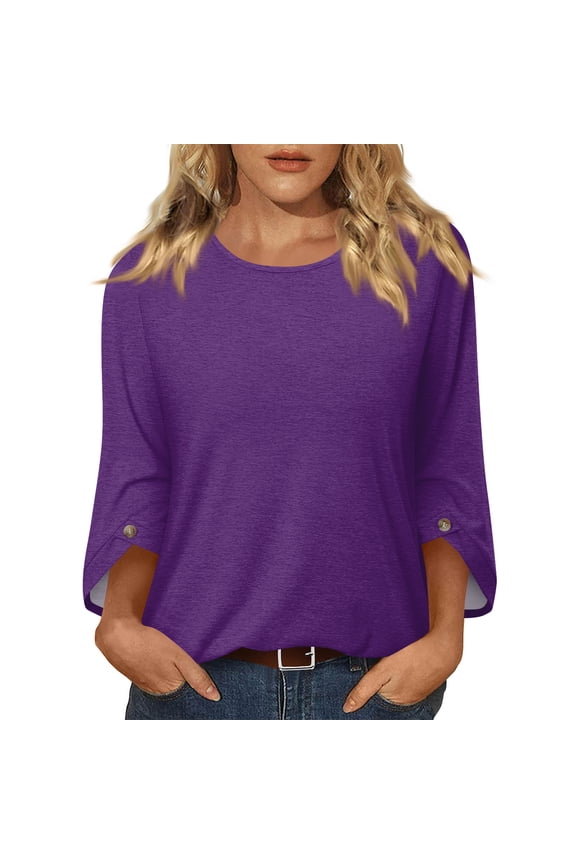 Womens Pullover Tops 3/4 Sleeve Crew Neck T-Shirts Spring Autumn Season Solid Color Breathable Fabric Regular Fit Soft Knit Construction Basic Tee Shirts Item Purple S