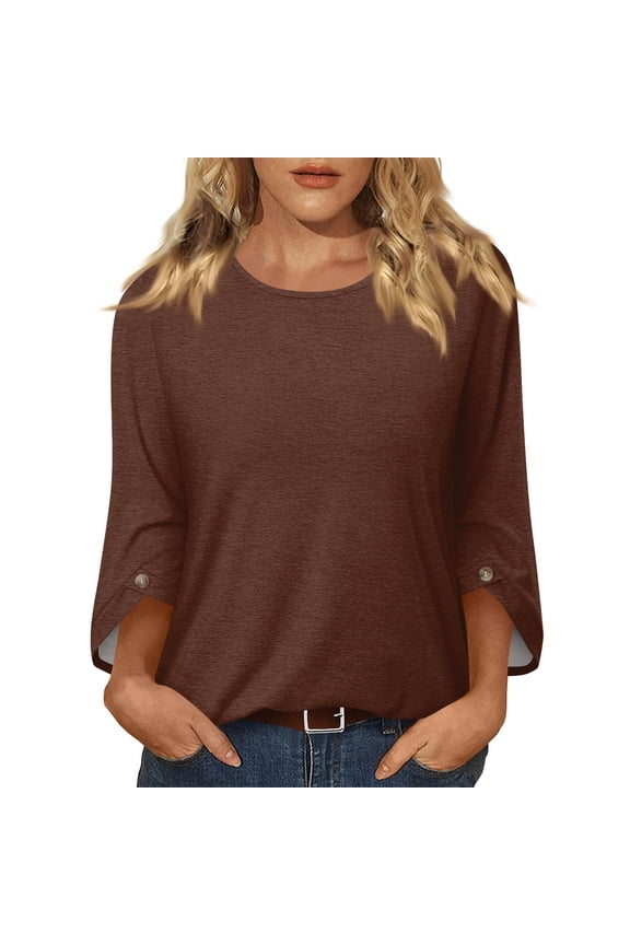 Womens Pullover Tops 3/4 Sleeve Crew Neck T-Shirts Spring Autumn Season Solid Color Breathable Fabric Regular Fit Soft Knit Construction Basic Tee Shirts Item Brown M