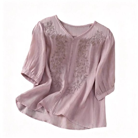 dgysar Womens Round Neck Shirts Short Sleeve Embroidered Pullover Tops Detailed Needlework Embroidery Design Lightweight Breathable Fabric Solid Color Short Sleeve Spring Summer Apparel Purple L