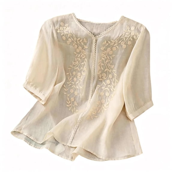 dgysar Womens Round Neck Shirts Short Sleeve Embroidered Pullover Tops Detailed Needlework Embroidery Design Lightweight Breathable Fabric Solid Color Short Sleeve Spring Summer Apparel Beige L