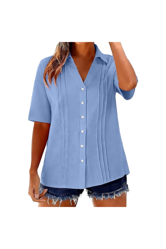 Womens Shirts Cotton Linen Blend Short Sleeve Button Up Pleated Front Solid Color Textured Blouse Lightweight Summer Tops Relaxed Fit Traditional Fastening Garment Piece Royal Blue M