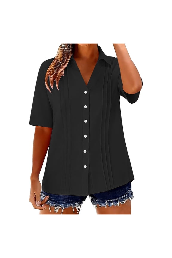 Womens Shirts Cotton Linen Blend Short Sleeve Button Up Pleated Front Solid Color Textured Blouse Lightweight Summer Tops Relaxed Fit Traditional Fastening Garment Piece Black XL
