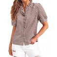 thumbnail image 1 of dgysar Womens Shirts Plaid Checked Pattern Button Down Short Sleeve Loose Fit Blouse Tops Summer Lightweight Breathable Cotton Blend Technical Apparel Brown L, 1 of 6