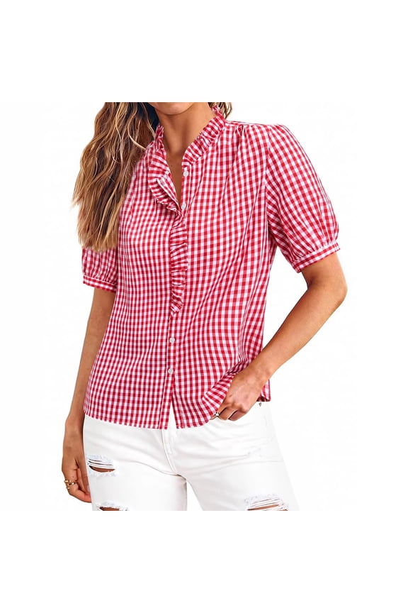 Womens Shirts Plaid Checked Pattern Button Down Short Sleeve Loose Fit Blouse Tops Summer Lightweight Breathable Cotton Blend Technical Apparel Red M