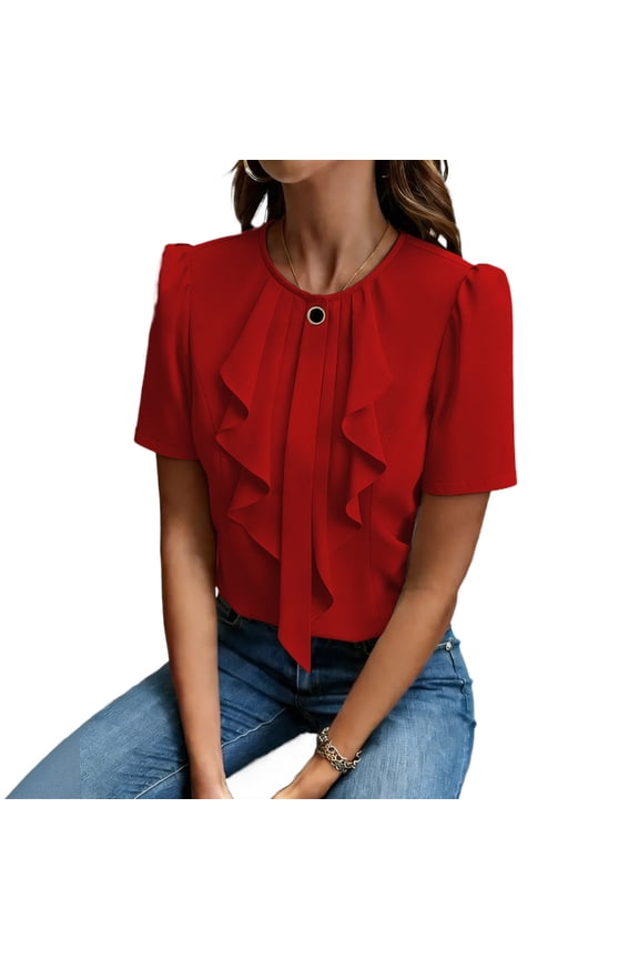Womens Shirts Round Neck Ruffle Short Sleeve Pleated Pullover Tops Summer Blouse Flutter Sleeve Detail Lightweight Textured Material Straight Hemline Plain Design Red 2XL