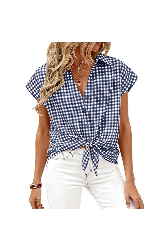 Womens Summer Tunic Tops, Polyester Loose Fit Button Half-Placket Lapel V-Neck Short Flutter Cap Sleeve Sleeveless Shoulder Design Pullover Shirts Blouse Navy M
