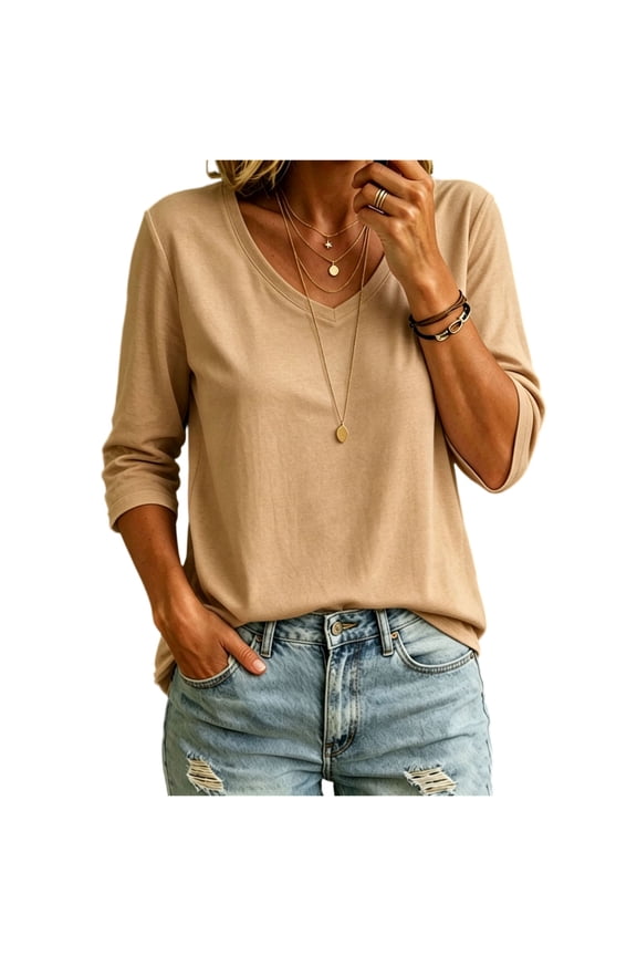 Womens T-Shirts Solid Color V-Neck Three Quarter Sleeve Loose Fit Pullover Tops Soft Cotton Blend Lightweight Breathable Jersey Knit Shirts Summer Spring Apparel Khaki S