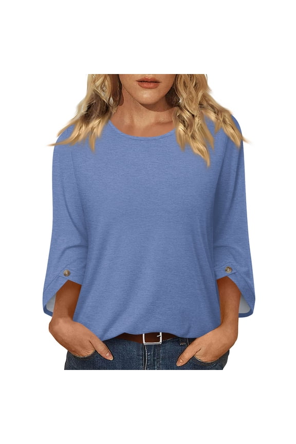 Womens T-Shirts Tops 3/4 Sleeve Crew Neck Pullover Design Solid Color Knit Fabric Soft Texture Lightweight Spring Autumn Essential Apparel Tee Shirts Garment Blue 2XL