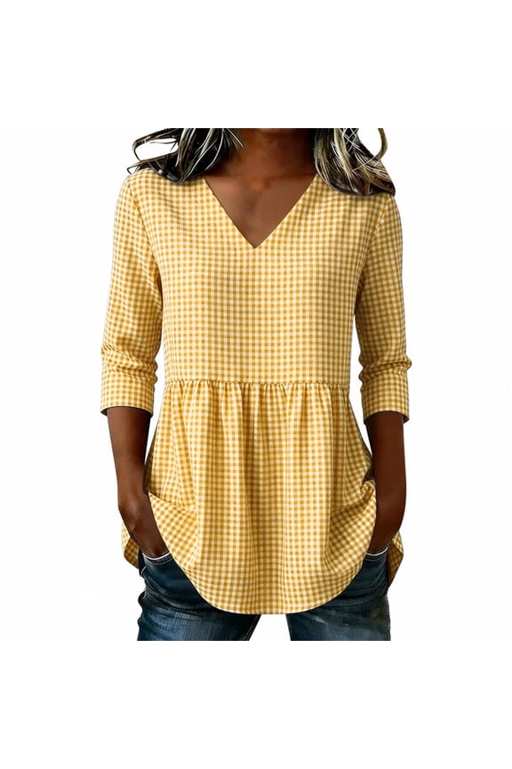 Womens T-Shirts V-Neck Plaid Pattern 3/4 Sleeve Loose Fit Cotton Linen Blend Pullover Tops Natural Fiber Breathable Textured Fabric Geometric Grid Print Summer Yellow L