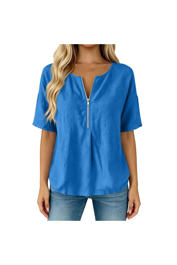 Womens Tops Solid Color Round Zipper Neck Loose Fit Pullover Short Sleeve Tee Shirts Summer Lightweight Breathable Technical Knit Fabric Blouse Blue S