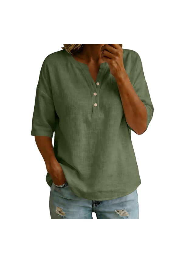 Womens V-Neck Tops Half Sleeve Elbow Length Pullover Knit T-Shirts Loose Fit Lightweight Breathable Casual Blouse Solid Color Basic Layering Shirts Spring Summer Apparel Army Green L