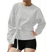 DGYSER Women's Crewneck Basic Sweatshirts Casual Trendy Solid Color Long Sleeved Casual Round Neck Belt Bow Sports Shirt Pullover Top（White L