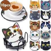 Cayton  10pcs Cat Diamond Art Painting Coasters Kit,High-end Diamond Art Coasters with Holders,DIY Craft Kits for Adults&kids