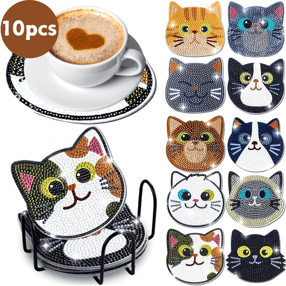 Cayton® 10pcs Cat Diamond Art Painting Coasters Kit,High-end Diamond Art Coasters with Holders,DIY Craft Kits for Adults&kids