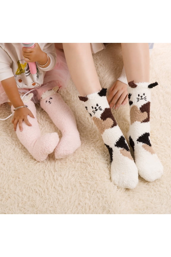 1 Pair Adults Socks Cartoon Cat Rabbit Alpaca Giraffe Chick Fuzzy Fluffy Thickened Stretchy Keep Warm Coral Fleece Autumn Winter Floor Sleeping Socks for Home White
