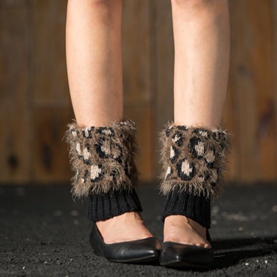 dianhelloya 1 Pair Boot Socks Stylish Leopard Print Fluffy Crochet Knitted Boot Cuffs Toppers Socks for Winter Light Grey