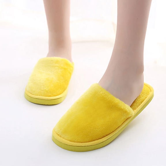 dianhelloya 1 Pair Candy Color Anti-skid Soft Outsole Round Toe Plush Slippers Women Winter Slip-on Fluffy Flat House Shoes Yellow