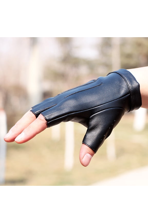 1 Pair Faux Leather Gloves Half Fingers Smooth Waterproof Adjustable Wrist Solid Color Unisex Driving Outdoor Sports Halloween Gloves Cosplay Costume White