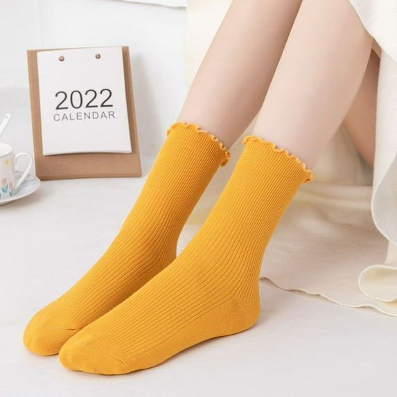 dianhelloya 1 Pair Japanese Style Ribbed Solid Color Thermal Socks Spring Autumn Women Ruffle Cuffs Mid-Tube Socks White