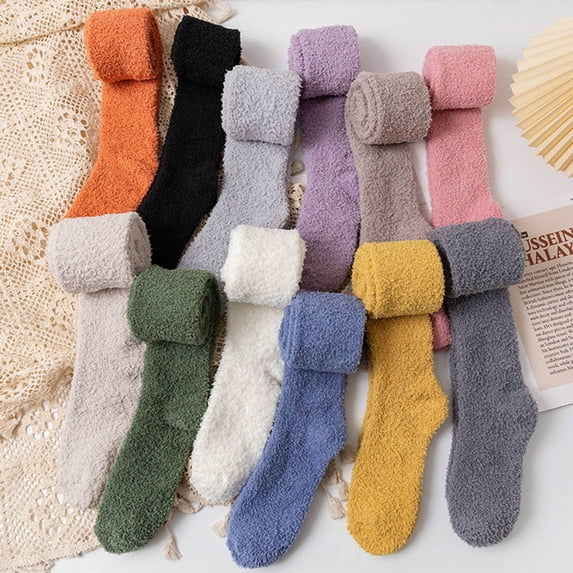 dianhelloya 1 Pair Japanese Style Thickened Coral Fleece Solid Color Thigh Stockings Autumn Winter Women Warm Over Knee Socks Orange